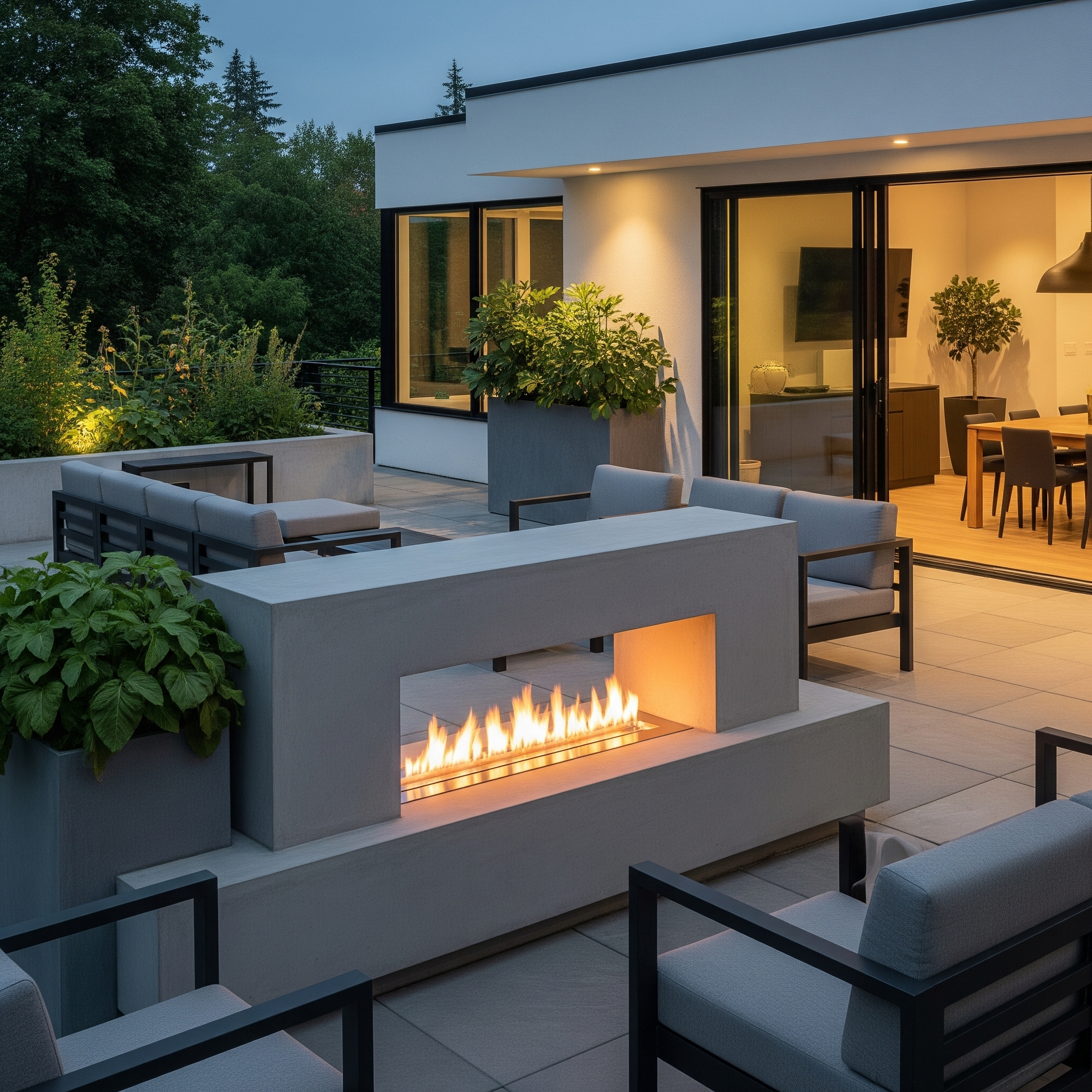 A modern backyard patio at dusk with a fire pit