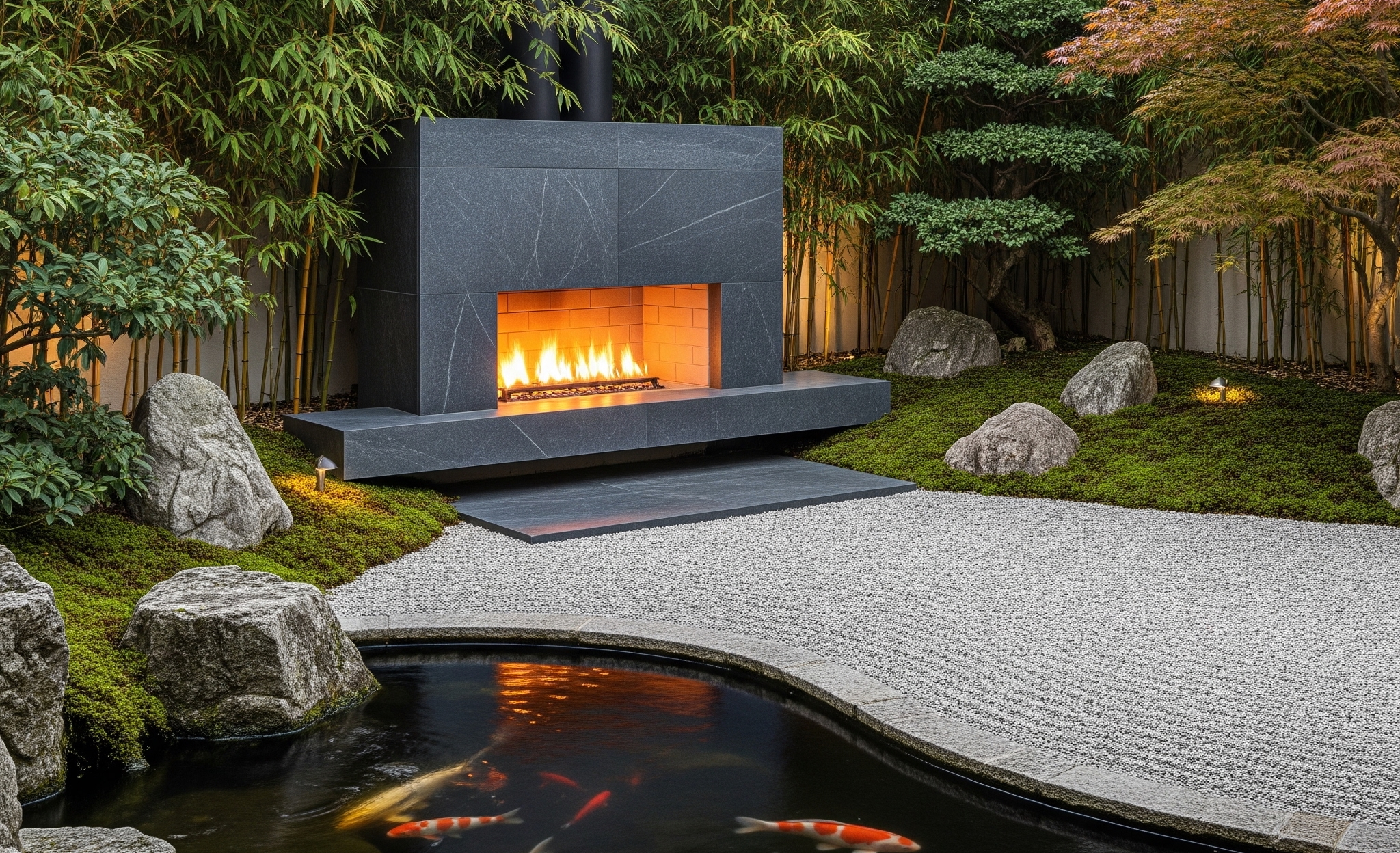 A modern linear fireplace on a clean background