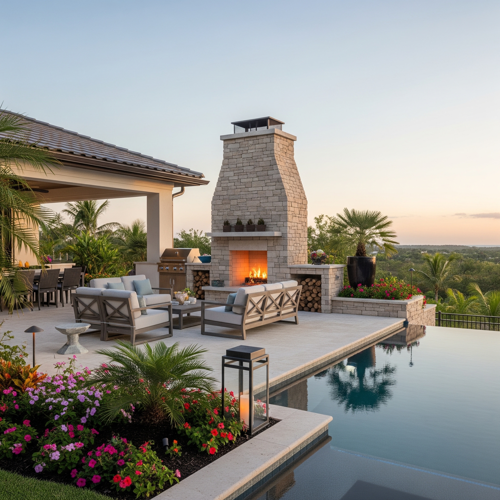 Fire table on a deck overlooking a lake