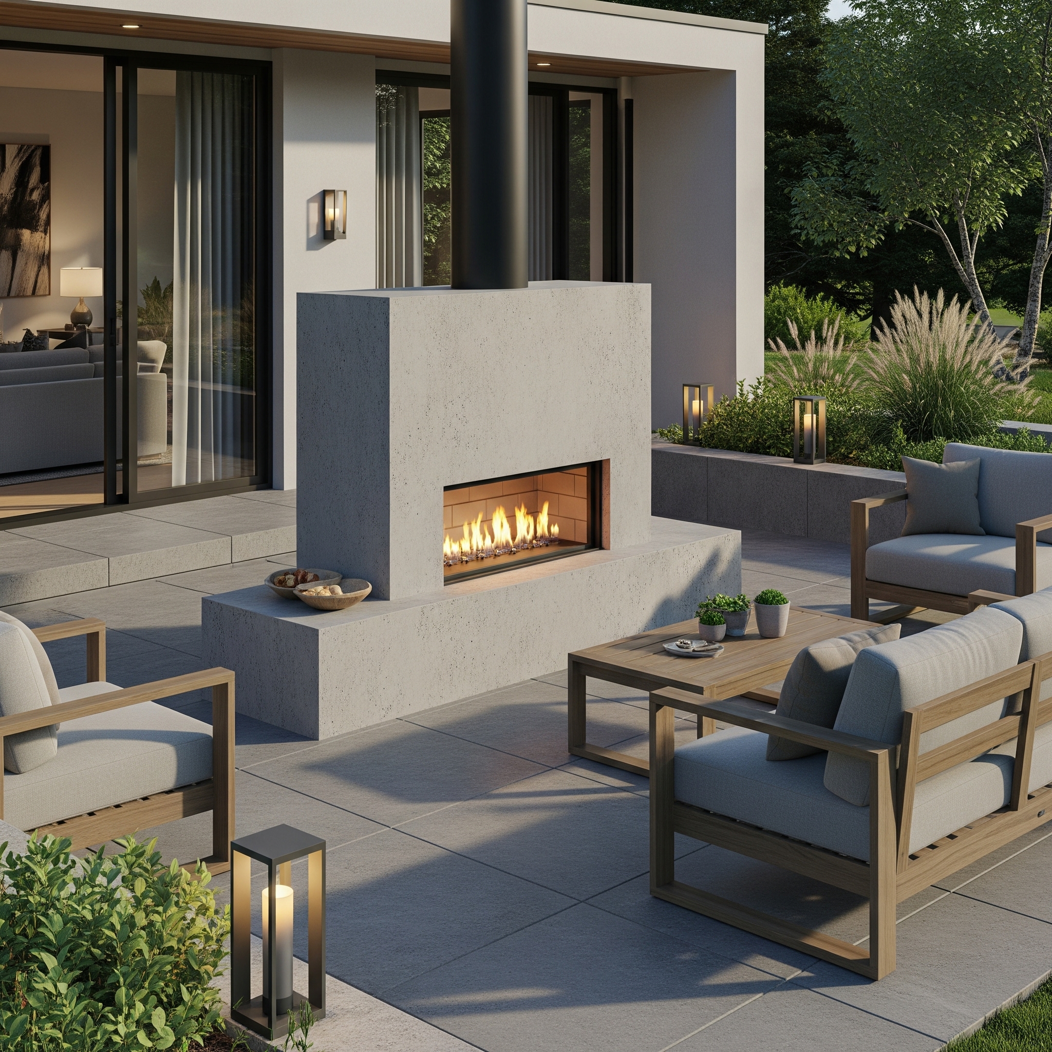 Linear fireplace integrated into a concrete wall in a garden